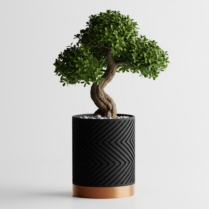 Ghiveci Inalt Geometric Luxe – Culoare Midnight Black & Copper Gold, plastic PLA, diametru 10cm, inaltime 15cm