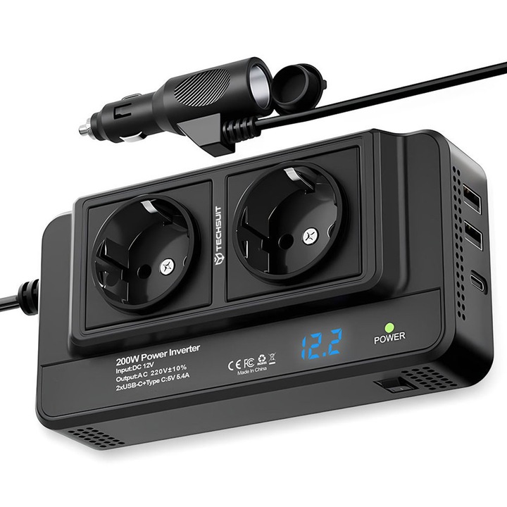 Инвертор за кола USB, Type-C, 200W - Techsuit PowerDriveX (IA2) - Черен