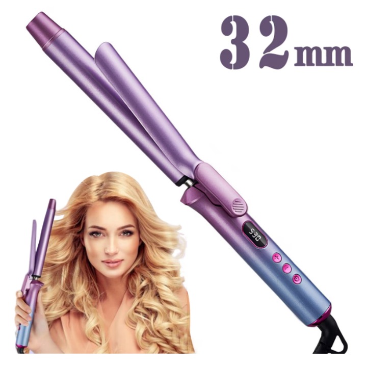 Hajhullámosító, 32 mm, 13 Hőmérsékletfokozat, 100°C-230°C, Turmalin Kerámia Bevonat, Szatén Hajpántokkal és Hajcsatokkal, LCD Kijelző, Minden Hajhosszhoz és Hajtípushoz Alkalmas, Lila