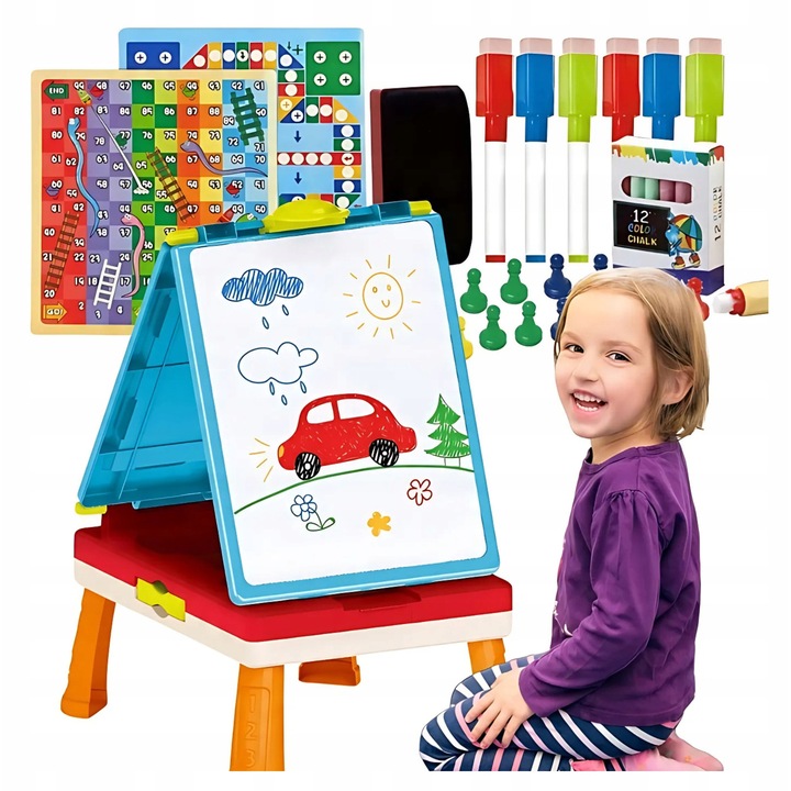 Tabla Educationala Dubla Cu Accesorii, Multicolor, 29x38.5x50 cm, Material Plastic/Creta, Varsta De La 3 Ani, 12 Creioane Si 5 Markere Lavabile