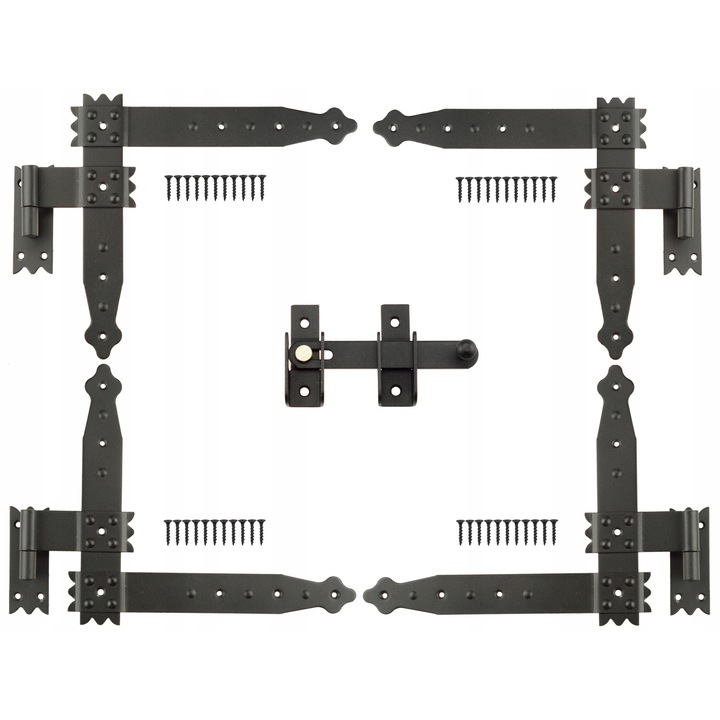 Sarokpánt redőnyökhöz, Feinz, Elektrosztatikusan festett kovácsolt acél zsanér, A lap vastagsága 3 mm, A készlet súlya 2 kg, A kar szélessége 35 mm, 25 x 23 cm, Fekete