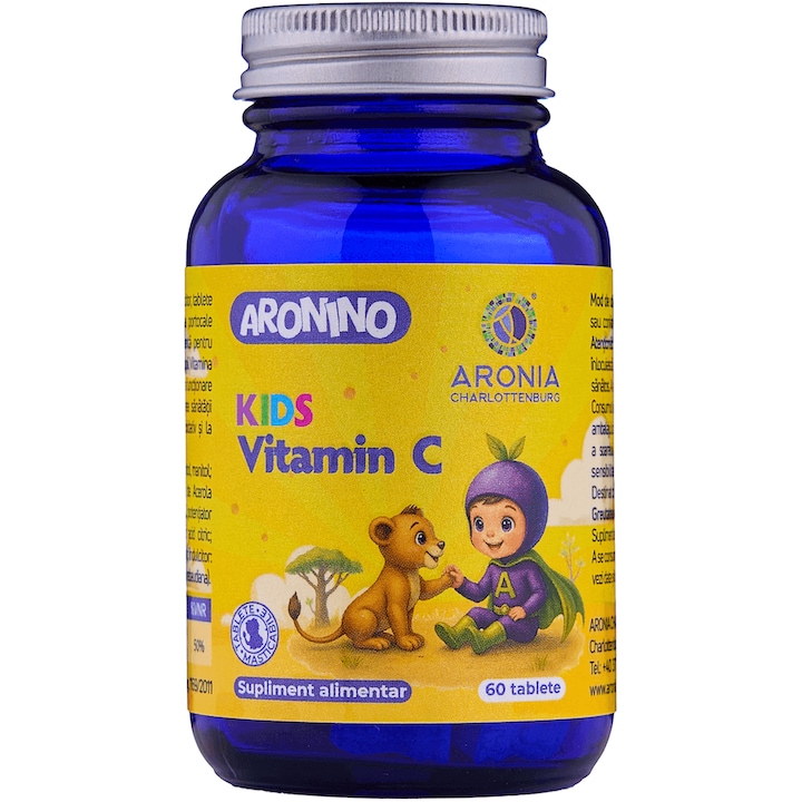 Aronino Kids Vitamina C, Aronia Charlottenburg, 60 tablete masticabile, sprijină imunitatea și energia copiilor, gust portocală