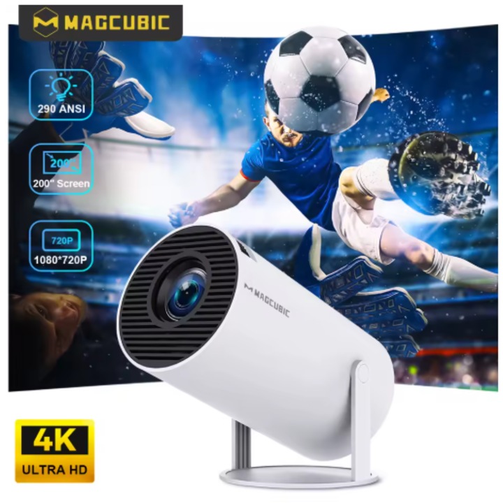 Videoproiector portabil MagicCUBE, 6000 lumeni, cu Android 12, Wi-Fi 6, BT 5.0, rezolutie 1280x720p HD, suport 4K, conexiune HDMI, USB si Mirroring Android/IOS, Alb
