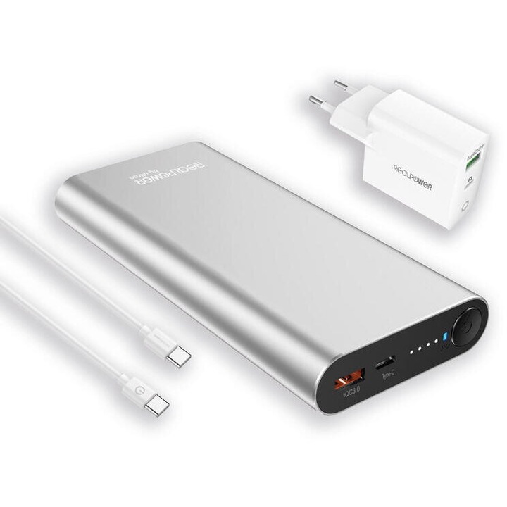 Power bank RealPower PB-20000PD 20000mAh, USB-C, hálózati töltővel együtt
