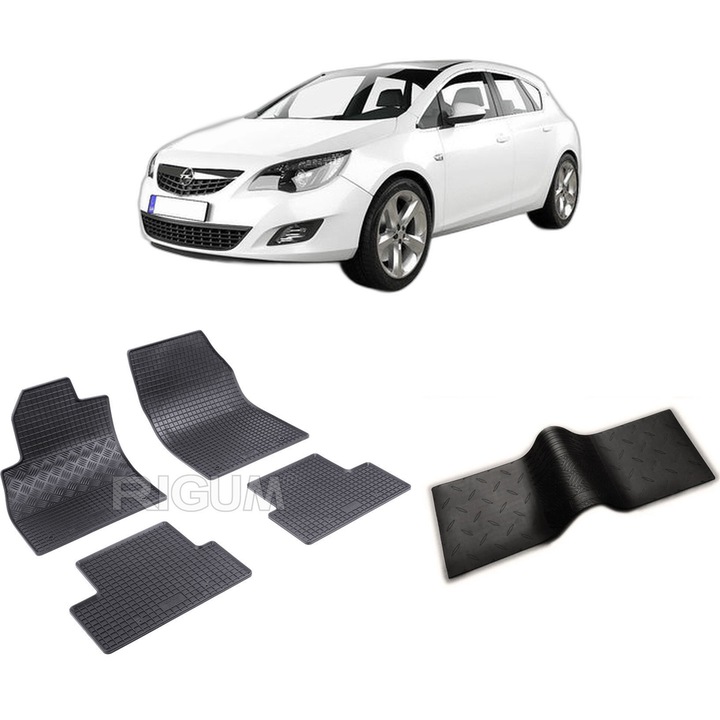 Set covorase auto OPEL ASTRA J din 10.2009-10.2015, cu covoras tunel median, CAROSERIE HATCHBACK, Presuri cauciuc 100%, compatibil cu autoturismul OPEL ASTRA J, Rigum