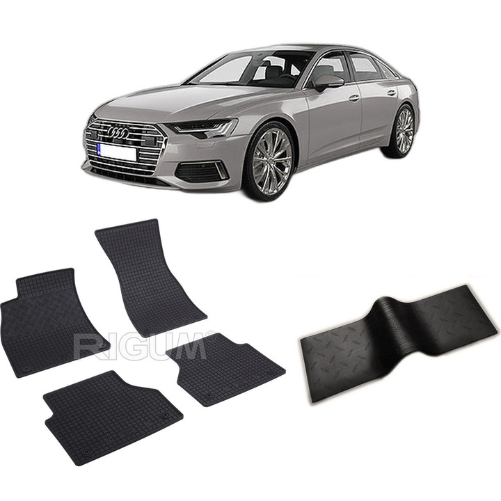 Set covorase auto AUDI A6 C8 din 06.2018-PREZENT, cu covoras tunel median, CAROSERIE SEDAN, Presuri cauciuc 100%, compatibil cu autoturismul AUDI A6 C8, Rigum