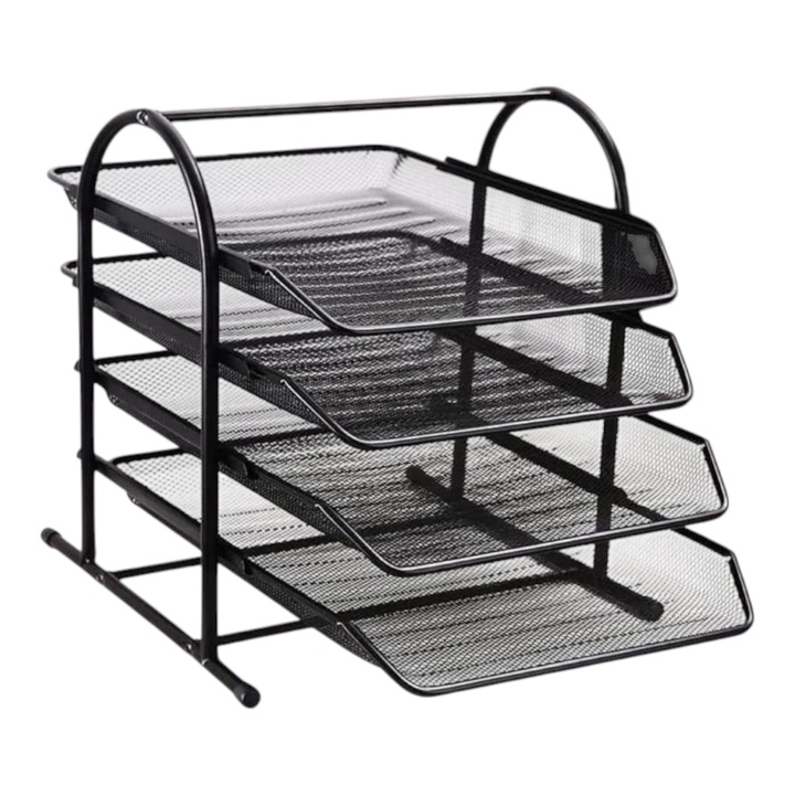 Set 4 tavite metalice pentru documente, suprapozabile, suport din plasa mesh, pentru birou, Negru