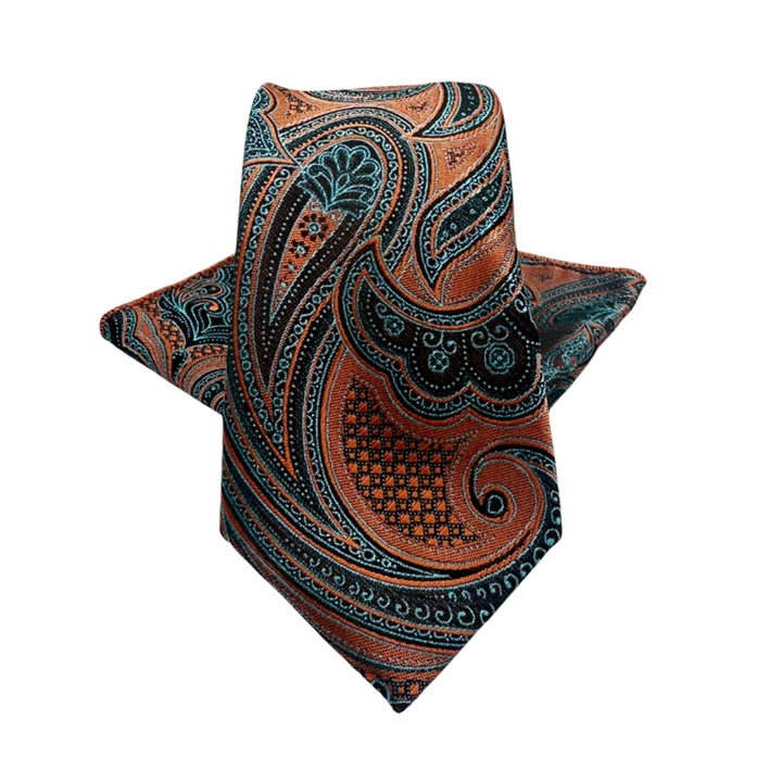 Set cravata slim cu batista Paisley CHRIS, PRAVALIA CU SURPRIZE, Portocaliu/ Maro