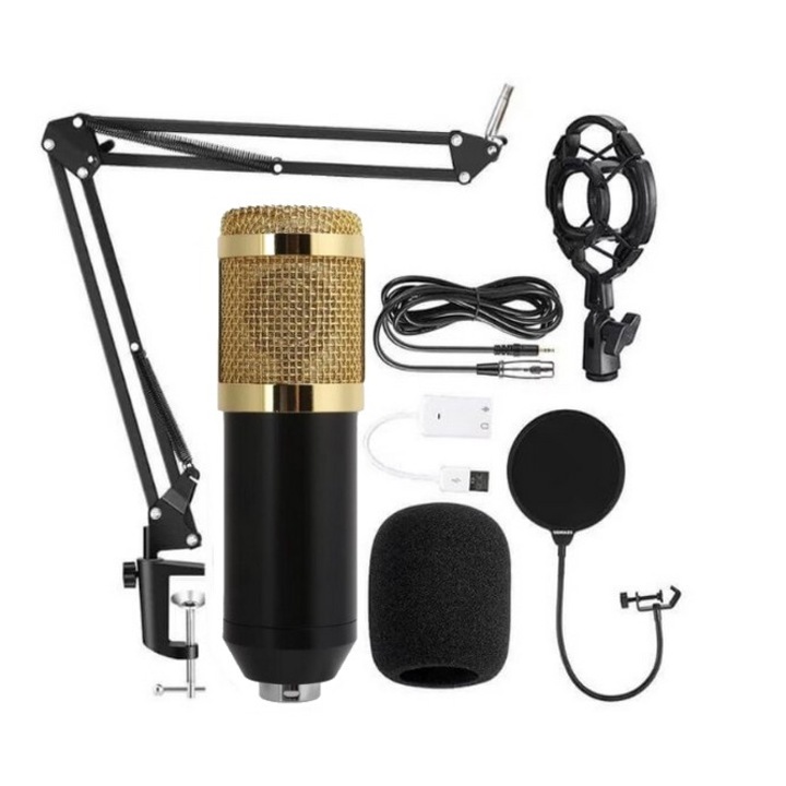 Set microfon podcast cu accesorii, BM 800 stand inclus si placa de sunet potrivit pentru inregistrari SkyTechs® pentru Inregistrare Vocala, Streaming, Gaming, Karaoke negru aur