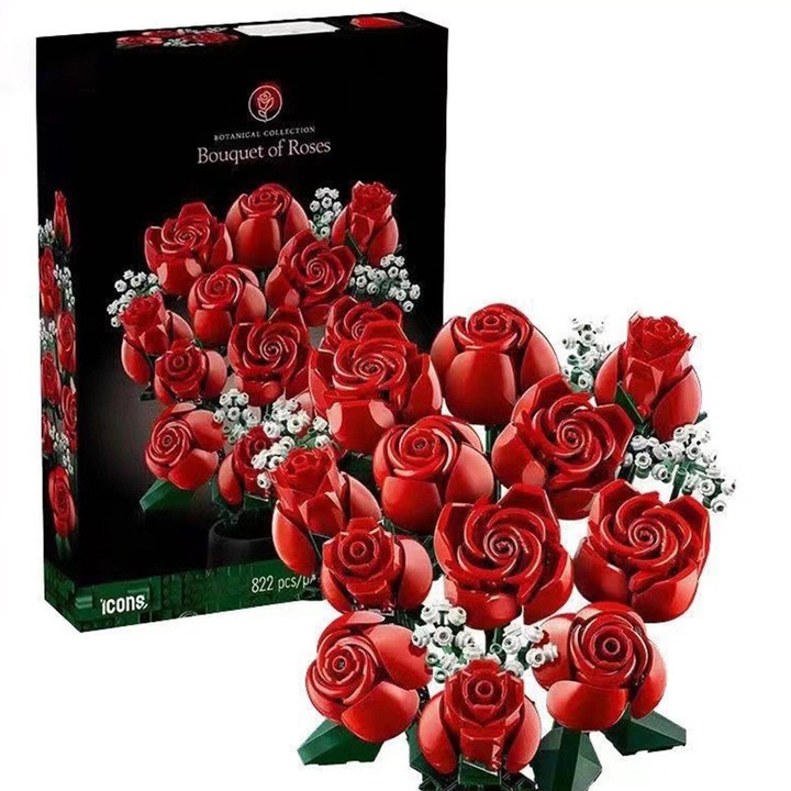 Комплект за изграждане на изкуствени цветя, SWJOYOL, букет от червени рози, 12 рози, 4 клонки бебешки дъх, 822 части, 31x21x7 см