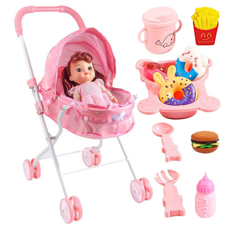 Set carucior pentru papusi SWJOYOL, papusa de 30,5 cm, 10 accesorii, roz, 24x47cm
