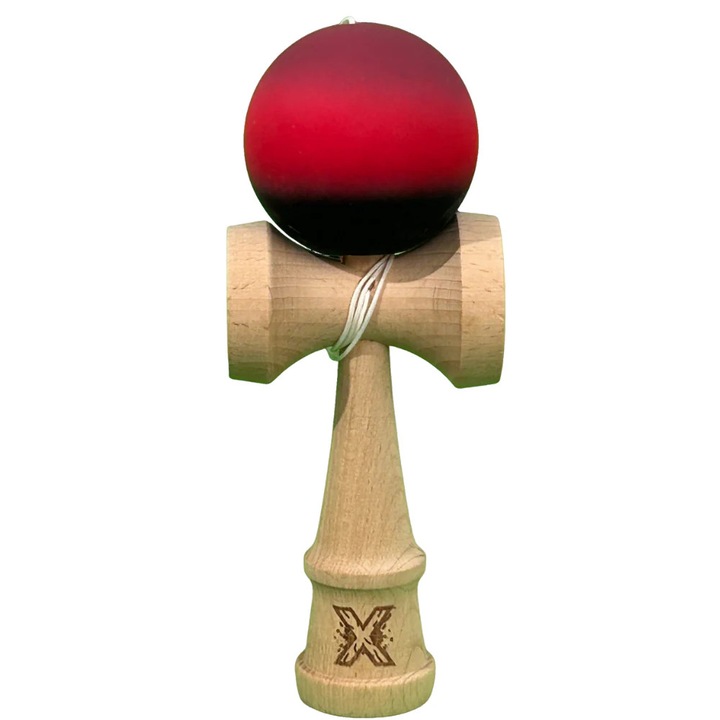 Jucarie Interactiva Kendama X Profesionala, din Lemn cu Bila Cauciucata, 18 cm, Joc de Indemanare pentru Copii si Adulti, Gradient Mov/Rosu/Negru
