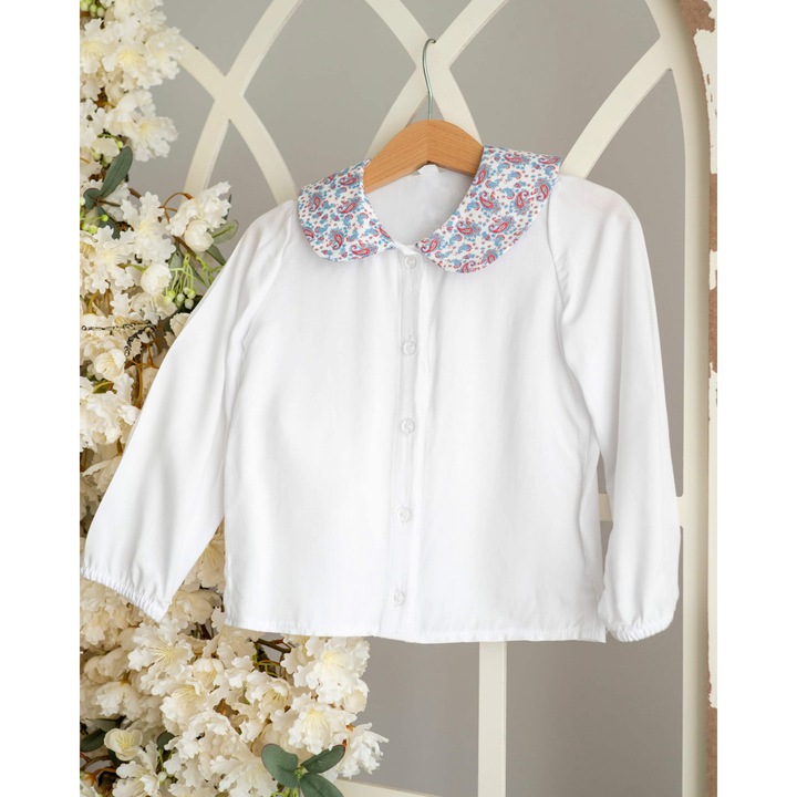 Bluza alba din vascoza cu guleras cu imprimeu cu lacrimi albastru cu rosu, Rosu/Alb/Albastru