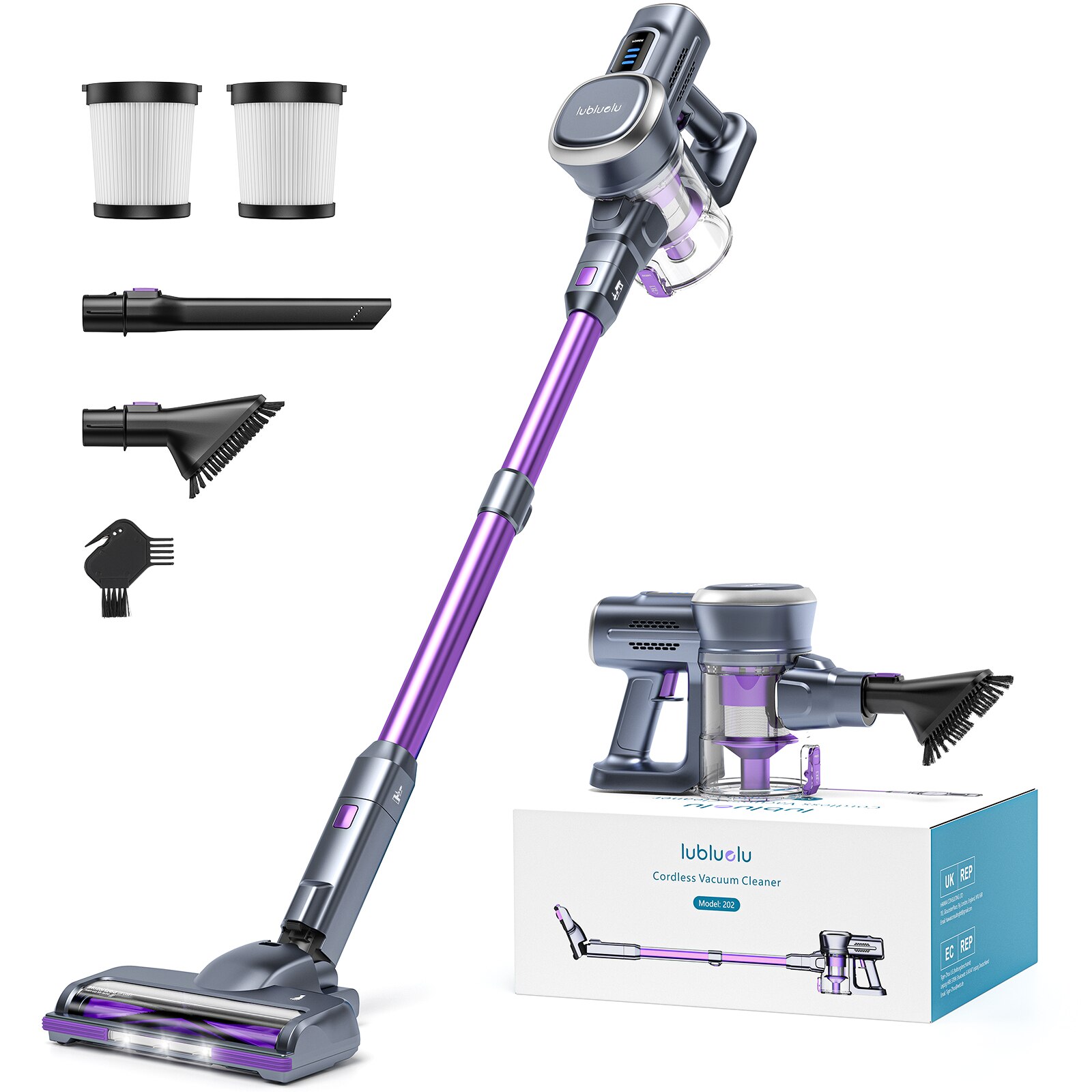 Aspirator vertical Lubluelu 202, fara fir, 25KPa, 50min autonomie, multicolor, 6 in 1