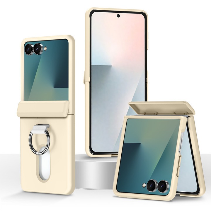 Калъф, съвместим със зареждане Magsafe за Samsung Galaxy Z Flip7, бежов, защитен, тънък, с повдигнати ръбове за защита на екрана и камерата, съхранява 2 карти или повече пари