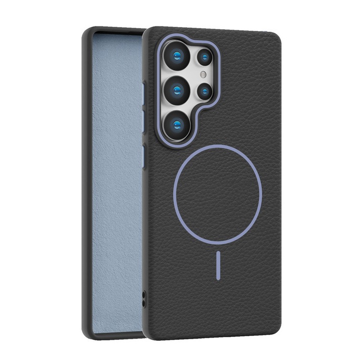 Калъф за Samsung S25ultra, черен + сиво-син, магнитно зареждане, текстура личи, кадифен TPU