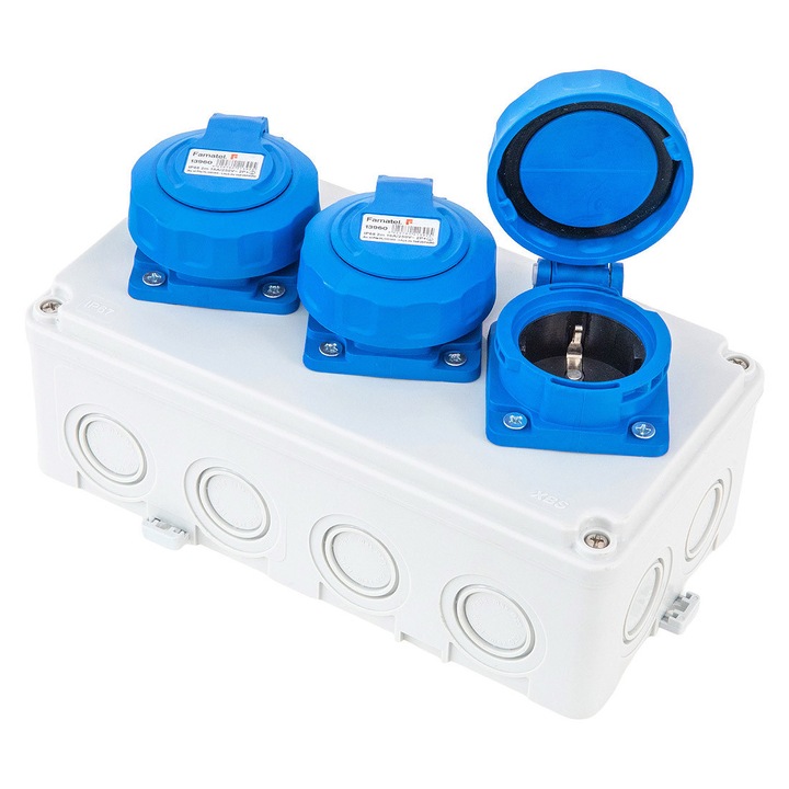 Cutie de distributie 210x110mm, tablou cu 3 prize 230V schuko albastre, precablat cu conductor H07V-K / MyF 2.5mm², IP67