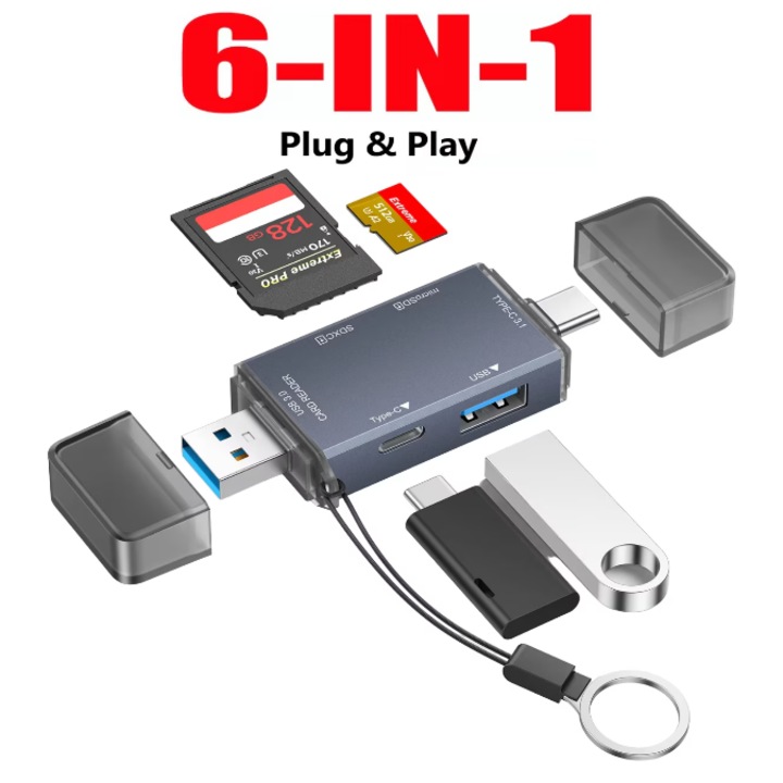 Cititor carduri 6 in 1 de mare viteza, USB-A 3.0 si USB-C 3.1 la sloturi SD/SDHC 3.0, Micro SD/TF 3.0, USB-A 2.0, USB-C 2.0 cu protectie la scurtcircuit, citire simultana a doua carduri, material aluminiu, culoare gri