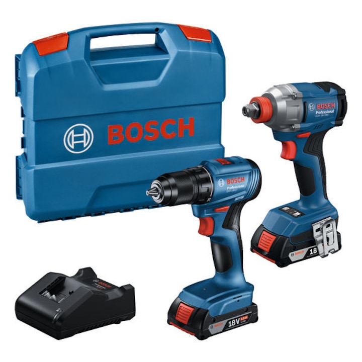 Set scule pe acumulator Bosch Professional, Masina de insurubat cu impact GDX 18V-285 + Masina de gaurit si insurubat (bormasina) GSR 185-LI, brushless, 18 V,include: 2 acumulatori 18V 2.0 Ah, incarcator, valiza L-case