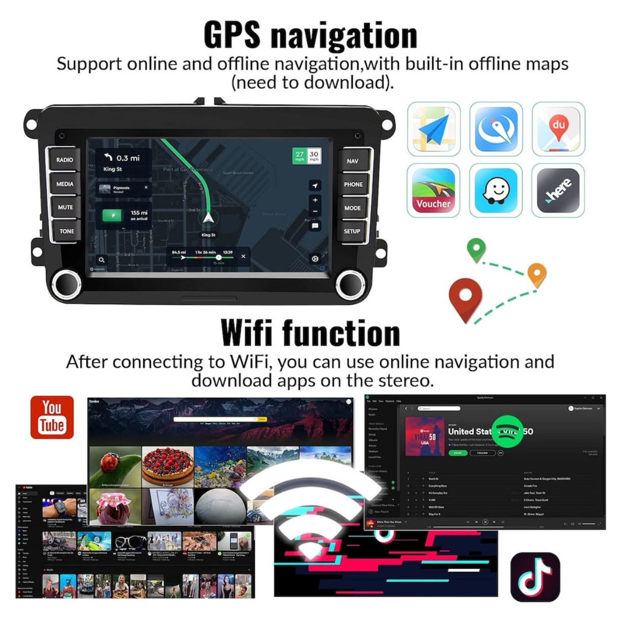 Navigatie VW Golf Polo Passat b7 b6 SEAT leon Skoda, 7 inch, Android 13, Carplay, 2GB RAM + 32 GB ROM, Aplicatii, Waze, Wi Fi, Usb, Bluetooth [7]
