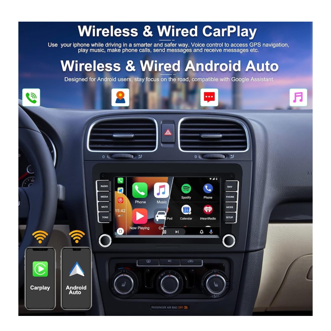 Navigatie VW Golf Polo Passat b7 b6 SEAT leon Skoda, 7 inch, Android 13, Carplay, 2GB RAM + 32 GB ROM, Aplicatii, Waze, Wi Fi, Usb, Bluetooth [6]