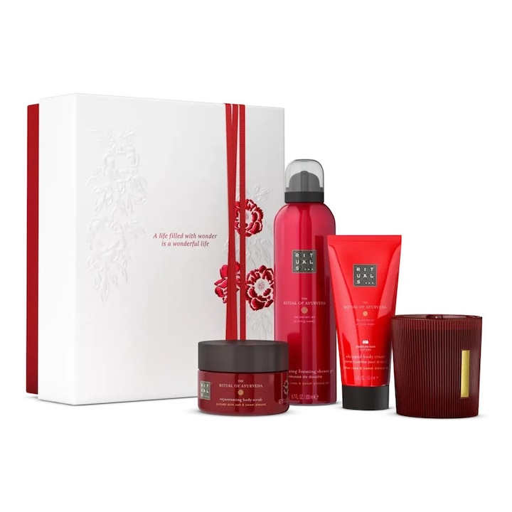 Set cadou Rituals mediu 2024 The Ritual of Ayurveda, Crema de corp 100 ml, Exfoliant de corp 125 g, Gel de dus spuma 200 ml, Lumanare parfumata 140 g