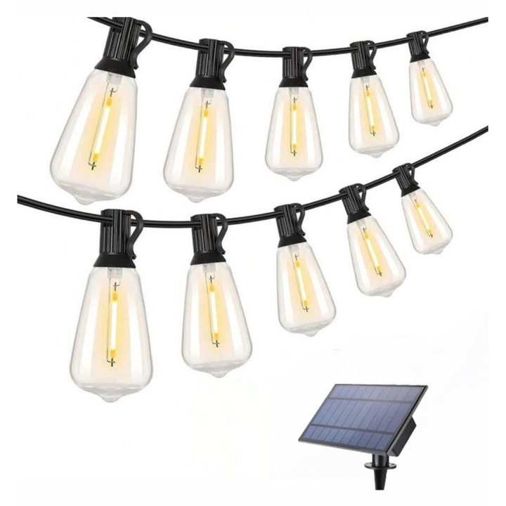 Ghirlanda Solara LED Exterior cu 10 BecurI Retro – IP65, 8 Moduri Iluminare, Pentru Terasa si Gradina