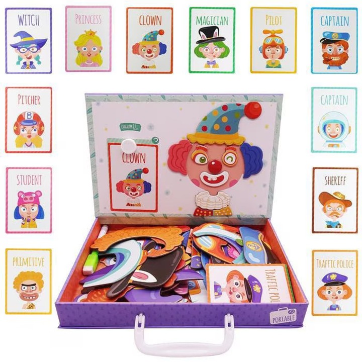 Jucarie interactiva, Cutie cu puzzle magnetic, Vrajitoare amuzanta, material lemn, Dimensiune 20 × 27 cm, 12 carti, bebeLOGIC™