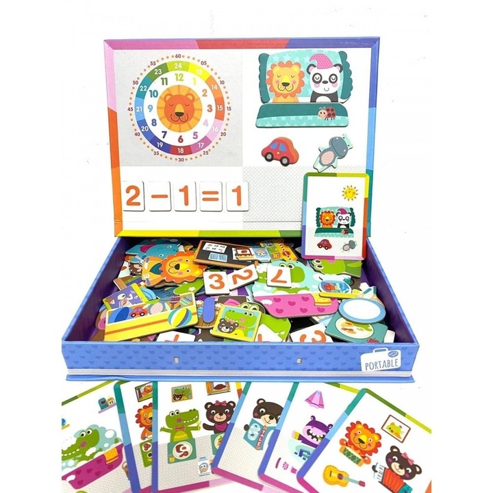 Jucarie interactiva, Cutie cu puzzle magnetic, Timpul gandirii, material lemn, Dimensiune 20 × 27 cm, 12 carti, bebeLOGIC™
