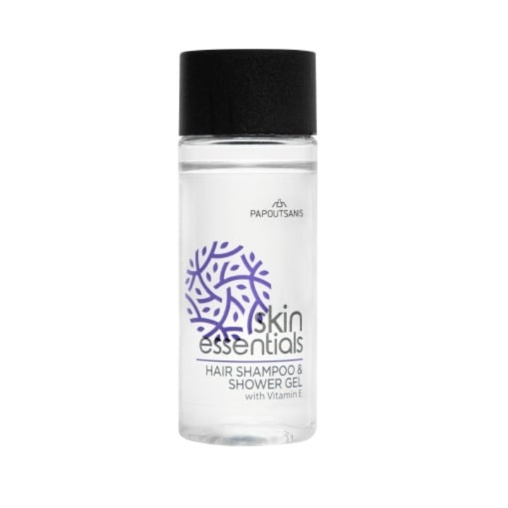 Szállodai sampon és tusfürdő, Skin Essentials, 20ml, parabénmentes, hidratáló, antioxidáns, nyugtató