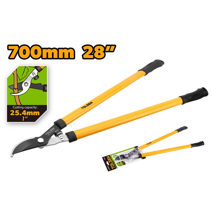 Foarfeca bypass GARDENEST by TOLSEN 700 mm, lama otel carbon, taiere 25, 4 mm, maner PVC, teflon negru, durabila si rezistenta, ideala pentru gradinarit si tundere crengi, tratament termic lama, suruburi hexagonale galvanizate, blocare stabila