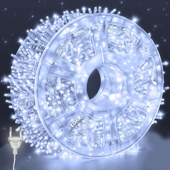 Instalatie De Craciun LED Cu Alimentare Priza EDAR, Liniara, Interior/Exterior, Jocuri De Lumini, Fir Transparent, Rola 100 M, 800 Leduri, Alb Rece