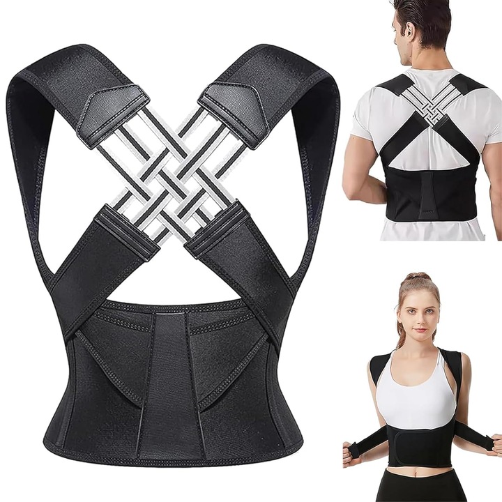 Corset pentru corectarea coloanei, Yingyun®, suport pentru gat, umeri, spate, coloana, clavicula cu rol de indreptare a spatelui, unisex, Negru, Marimea M