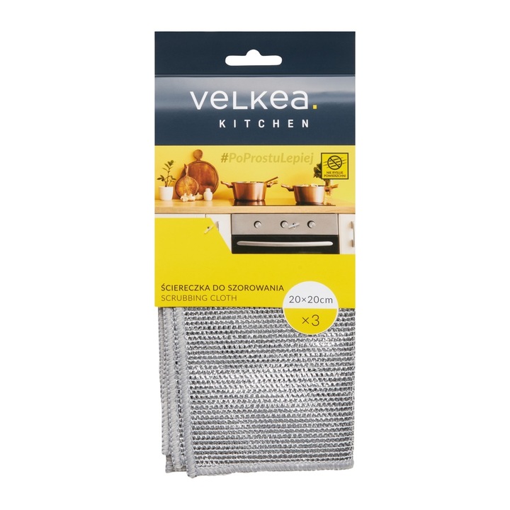 Set 3 lavete abrazive, Velkea, poliester, 20x20 cm, gri