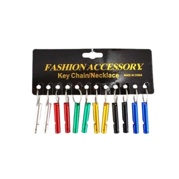 Set 12 x fluier tip breloc, aluminiu, 7 cm, multicolor, Dactylion®