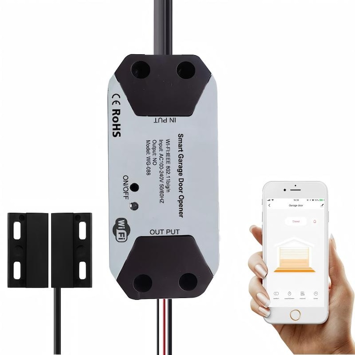 Comutator Inteligent pentru Usa de Garaj, Switch Smart WiFi pentru Usa Garaj Automata/Poarta, Releu Inteligent Compatibil cu Tuya Smart, Control prin App si Voce cu Google Assistant si Alexa, Negru