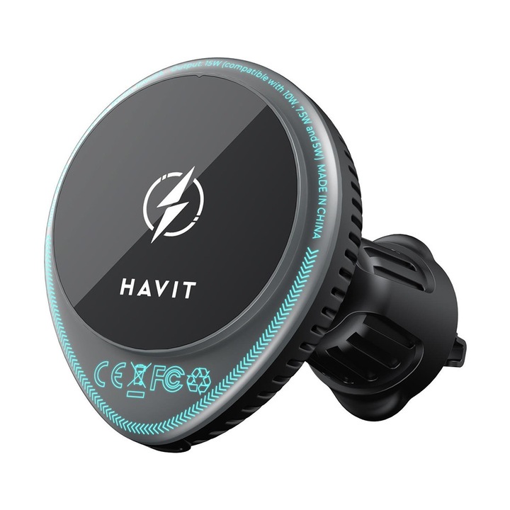 Suport auto cu încărcare wireless HAVIT, negru, 15W, pentru montare pe grila de ventilație