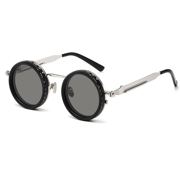 Слънчеви очила Steam Punk, ZGGZERG, Кръгли, с кутия и кърпичка, регулируема яркост на 9 нива, унисекс, блокира вредните UVA/UVB лъчи, 143*143*43 мм, сребристи