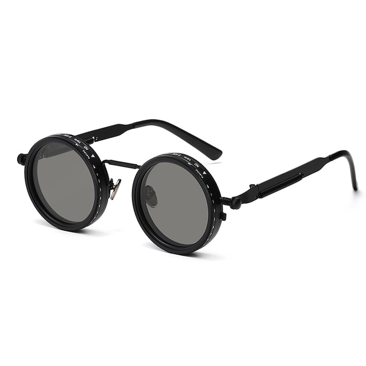 Ochelari de soare Steam Punk rotunzi, ZGGZERG, Cu Cutie si laveta, Luminozitate reglabila pe 9 niveluri, Unisex, Blocheaza razele UVA/UVB daunatoare, 143*143*43mm, Negru