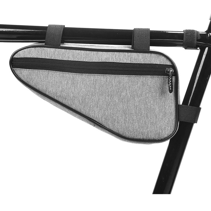 Geanta bicicleta triunghiulara, ZGGZERG, 1.5L, Universala, Usoara, fermoar reflectorizant, 3 elemente de fixare, Spatioasa, Impermeabila, Multifunctionala, Nylon+Poliester, 26*14*6cm, Gri
