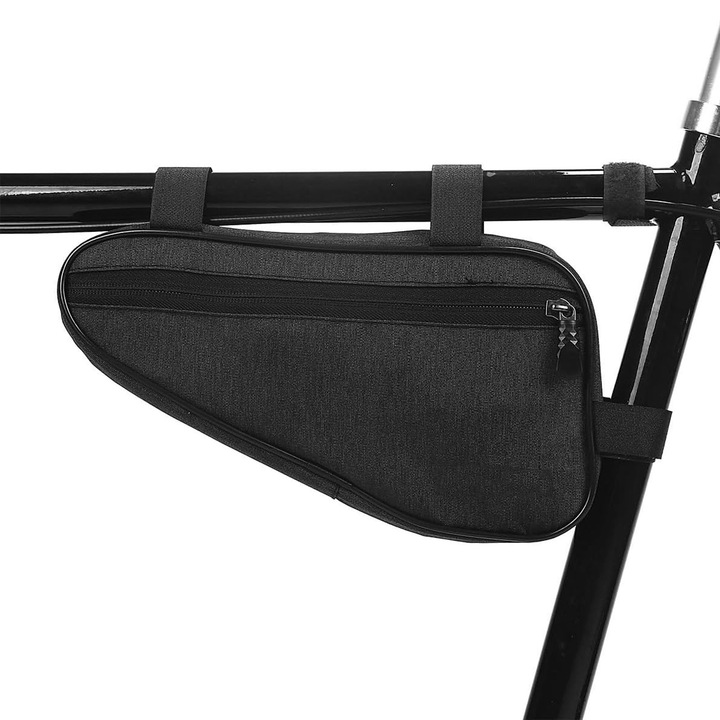 Geanta bicicleta triunghiulara, ZGGZERG, 1.5L, Universala, Usoara, fermoar reflectorizant, 3 elemente de fixare, Spatioasa, Impermeabila, Multifunctionala, Nylon+Poliester, 26*14*6cm, Negru