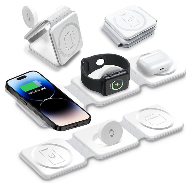 Mágneses 3 az 1-ben vezeték nélküli töltő, 15W gyors, dissefa-tech, beépített túlmelegedés, túltöltés és túlfeszültség elleni védelemmel, ideális irodába és utazáshoz, színek: fehér