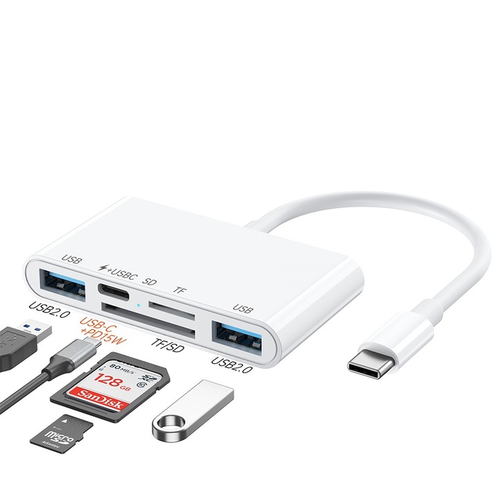 Хъб удължител Tyep-C USB-C, 5 в 1, 2x USB 2.0, PD порт 15W, четец за SD/TF карти, 10 см кабел, за лаптоп