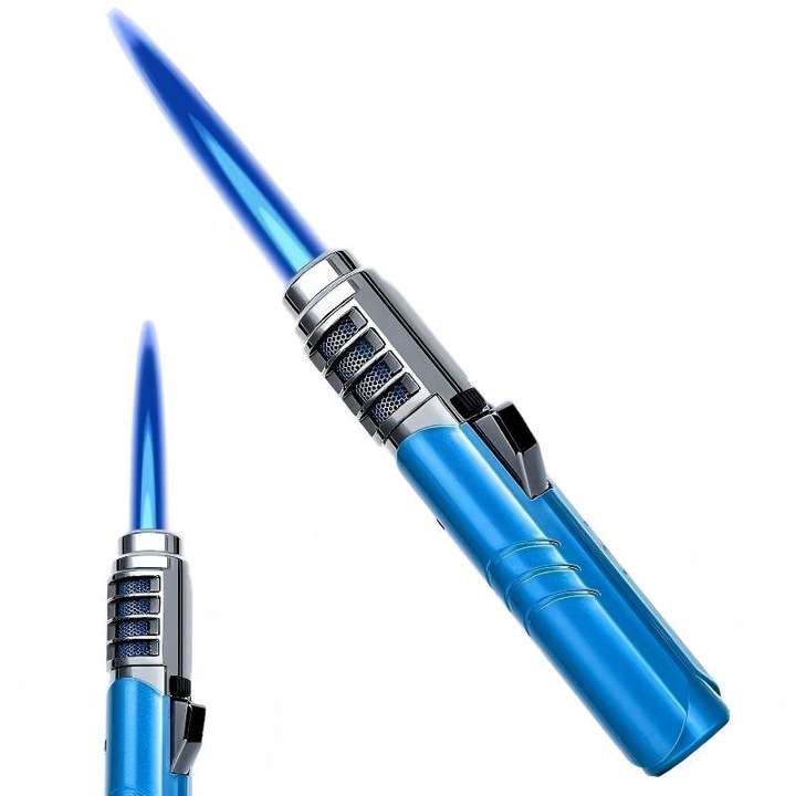 Bricheta / Aprinzator tip pistol cu pulverizare, metal cromat, Dissefa-tech, albastru, fara gaz incorporat, flacara 20 cm, temp. 1800°C, ambalaj cadou, pentru topire metale, gratar, gatit