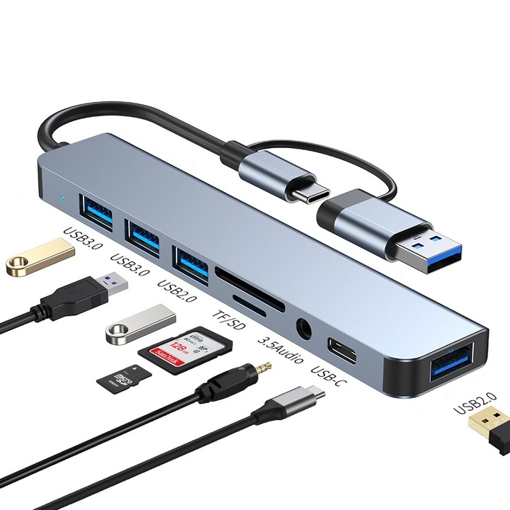Хъб удължител USB/USB-C, 8 в 1, 2x USB 3.0, четец на SD/TF карти, 3,5 мм аудио порт, 2x USB 2.0, 1xTypeC, Dissefa-tech, 13,5 см кабел, за лаптоп