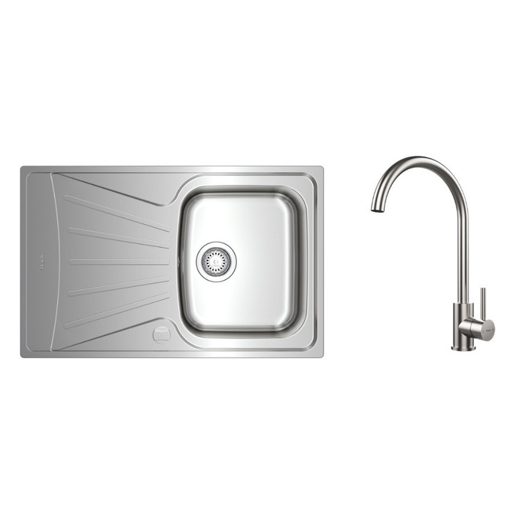 Pachet chiuveta bucatarie Teka TEKAWAY STARBRIGHT 45 E-XP 1B 1D, 790 x 500 mm si baterie Teka UNI 9310 XP, inox