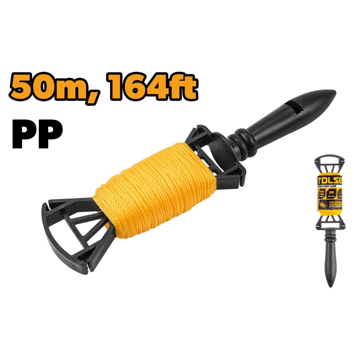 Sfoara zidarie TOLSEN 50 m, PP 1.2 mm, 3 fire rasucite, rezistenta si durabila, cu suport plastic ergonomic pentru manipulare usoara, ideala pentru nivelare si marcare in constructii si lucrari de zidarie