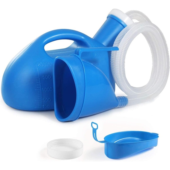 Urinal Barbati si Femei Portabil Bedee®, 2000ml, furtun de 120cm, Pisoar Pat Recipient de urina, Albastru, Capacitate Mare, pentru Camping, Calatorie, Spital, Domiciliu