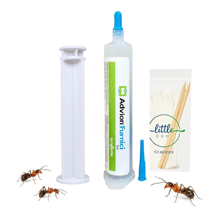 Advion Furnici Gel, 30 g, Eliminare Furnici + Kit Aplicare LittleDomi (Aplicator cu Piston, Bete de Portocal, Manusi)
