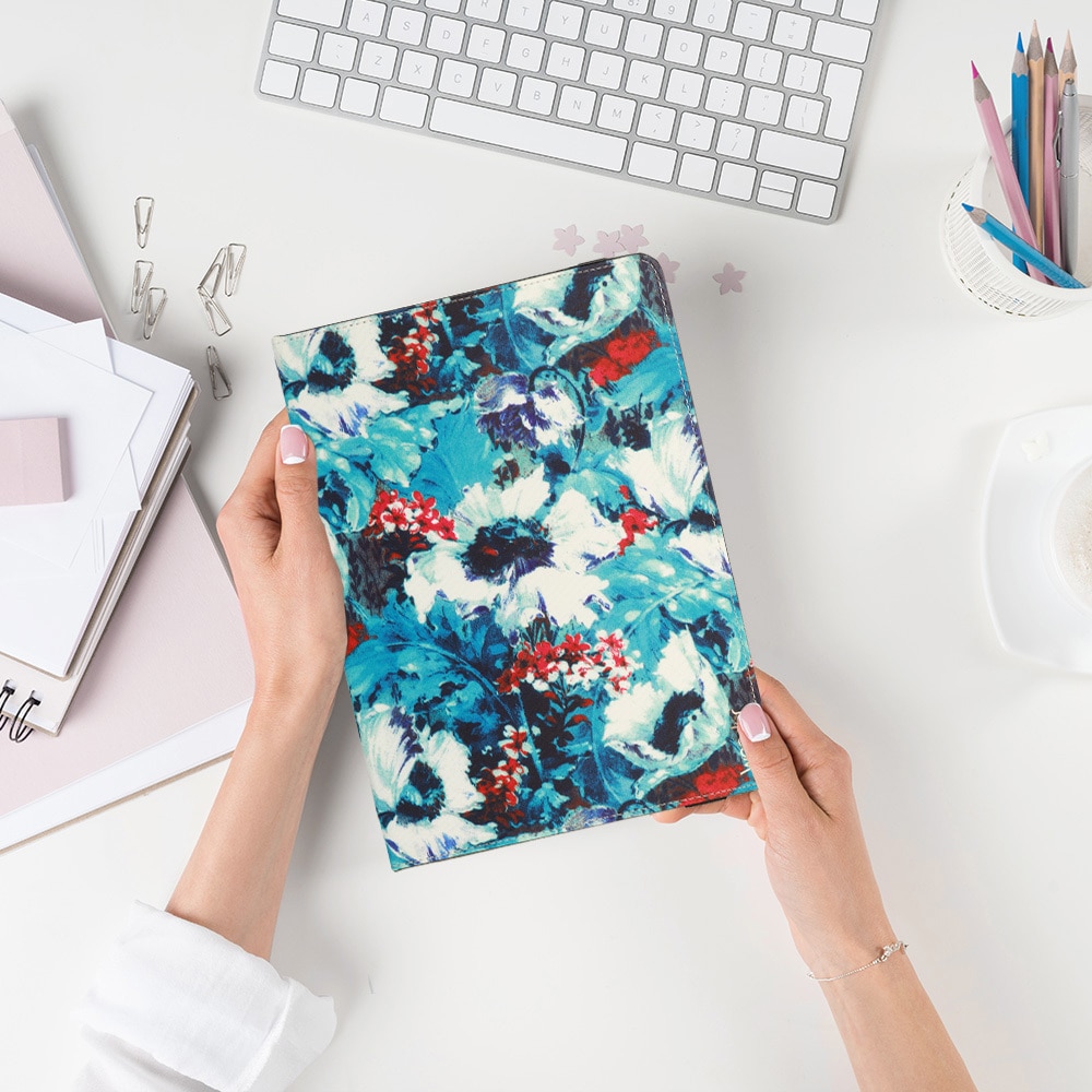 Husă universală tabletă 10 inch, Wonder, neagră cu maci albi, dimensiune ajustabilă